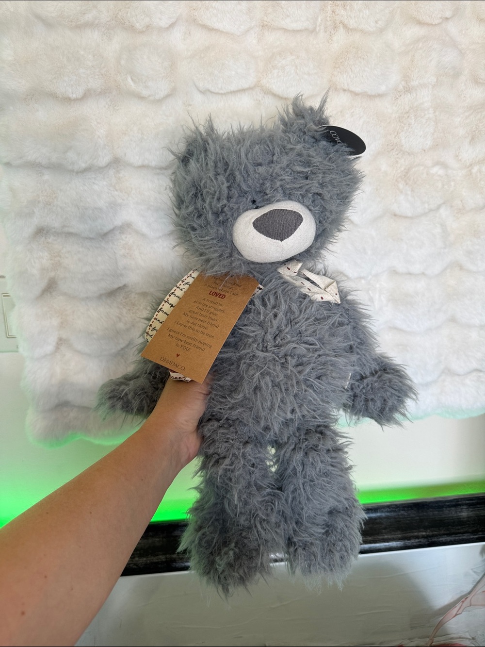 Demdaco Gray Shaggy Bear with Fabric Bow